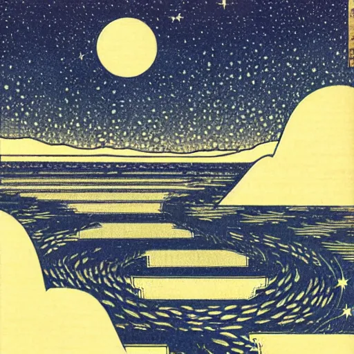 Image similar to river creek flows into the starry night sky, trippy, shin - hanga woodblock print by hasui kawas ( 1 9 3 6 )