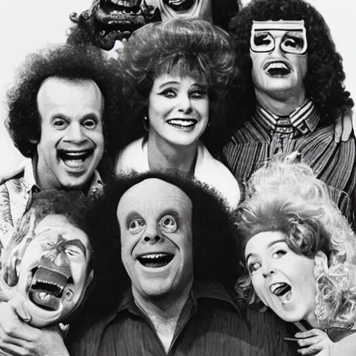 Image similar to vintage 1 9 8 0's sitcom publicity photo, a happy photogenic family and richard simmons as a horrifying angry detailed monstrous demon creature inside a 1 9 8 0's sitcom living room