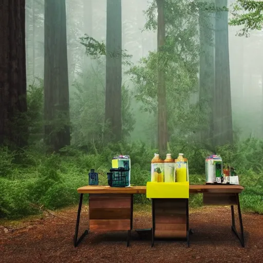 Prompt: a lemonade stand in the forest, forest, giant trees, foggy, ambience, realistic, 8k, detailed