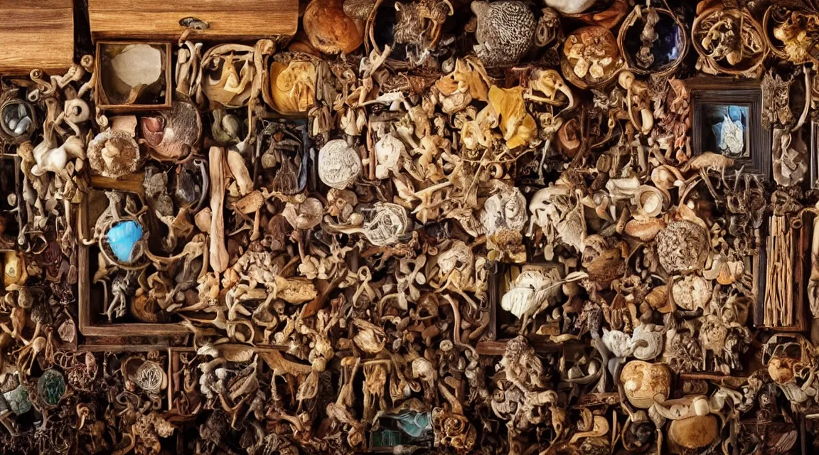 Image similar to wooden box with cabinet of curiosities filled with strange natural artifacts and wonders of the world, photorealistic, profesional photo, by Steve McCurry