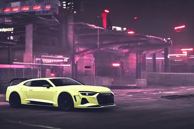 Image similar to widebody all black audi camaro b 9 ( 2 0 2 0 ), need for speed : carbon, at night, sci - fi, neon lines, phonk music background, smoke behind wheels, noise, dark, establishing shot, by simon stalenhag