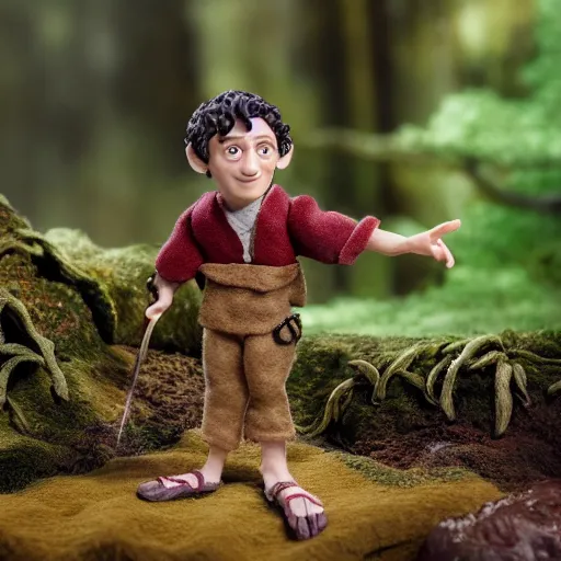 Prompt: high - res photograph of a claymation sculpture action figure cute frodo, highly detailed sculpey diorama, forest setting, waterfall backdrop, realistic materials, wood, felt, cloth, burlap, smooth, sharp foccus, commercial product photography,