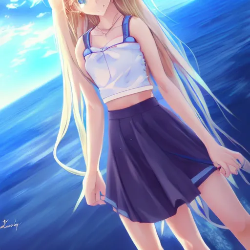 Prompt: a very beautiful anime cute girl, full body, long wavy blond hair, sky blue eyes, full round face, short smile, fancy top, miniskirt, front view, summer lake setting, cinematic lightning, medium shot, mid-shot, highly detailed, cinematic wallpaper by Stanley Artgerm Lau