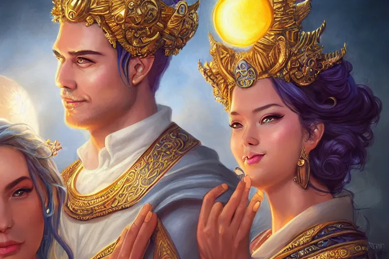 Image similar to close up moment of a divine a sun god and a moon goddess lovers magician at a wedding banquet, highly detailed, d & d, fantasy, highly detailed, digital painting, trending on artstation, concept art, sharp focus, illustration, art by artgerm and greg rutkowski and magali villeneuve