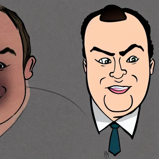 Prompt: A cartoon caricature of Rich Evans from RLM