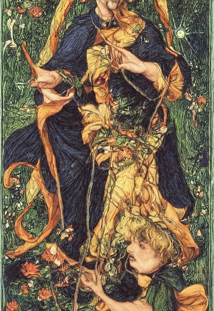 Image similar to Yoshua Bengio smiling on the Rider–Waite tarot. Illustration by preraphaelists.