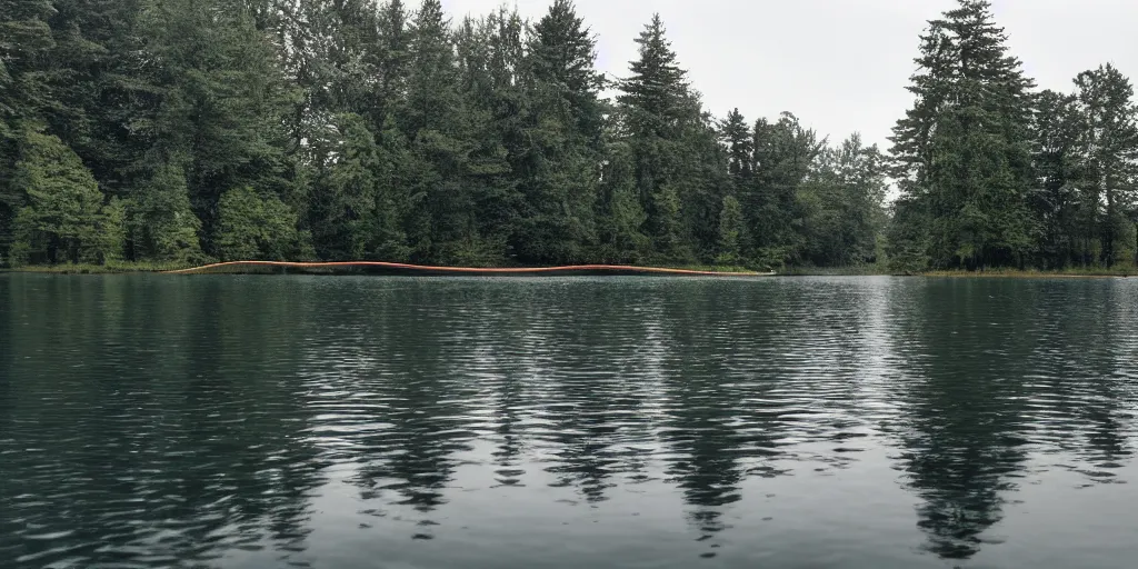 Prompt: symmetrical photograph of an infinitely long rope floating on the surface of the water, the rope is snaking from the foreground stretching out towards the center of the lake, a dark lake on a cloudy day, trees in the background, anamorphic lens