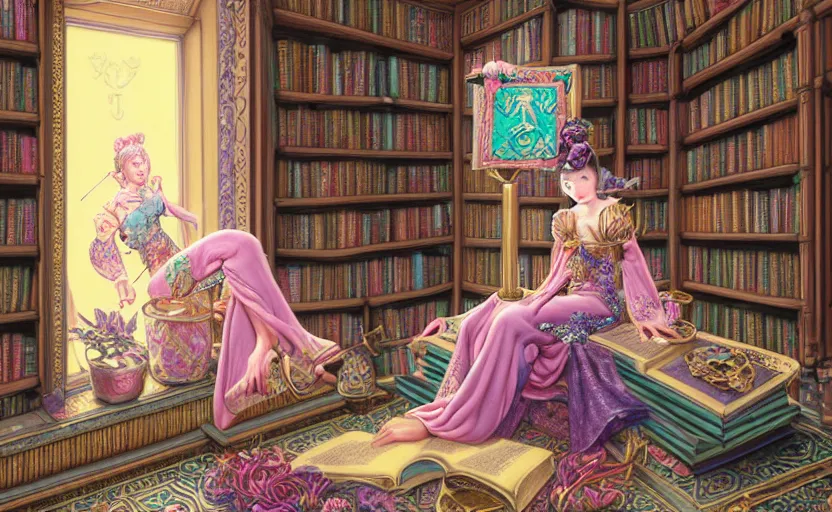 Prompt: a detailed fantasy pastel portrait of a woman wizard in ornate clothing lounging on a purpur pillow on the marble floor in front of her bookcase in a room, reading an ancient tome. to the side is a potted plant. ancient retrofuturistic setting. 4 k key art. raytracing, by chie yoshii and yoshitaka amano.