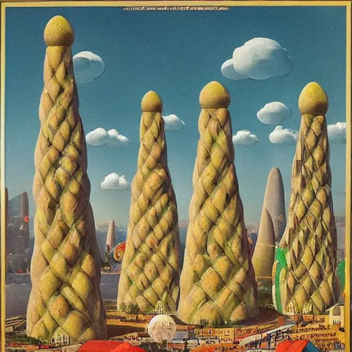 Image similar to The land art depicts a city made entirely out of kulich, a traditional Russian Easter bread. The city is bustling with activity, as people go about their day-to-day lives. The illustration is playful and whimsical, with a touch of magic. by Franz Sedlacek