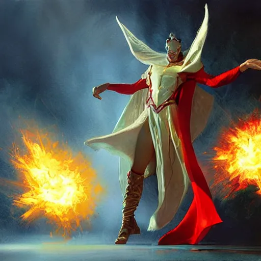 Prompt: Artwork by Craig Mullins, human size mantis mage in white cape casting fireball using a long magic stuff.