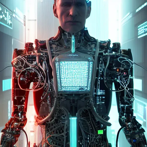 Image similar to a beautiful portrait of a middle - aged bionic male cyborg, cyberpunk, intricate wiring, electronic components, volumetric light, photography, color, intricate, extremely detailed, photorealistic, stunning, unreal engine 5