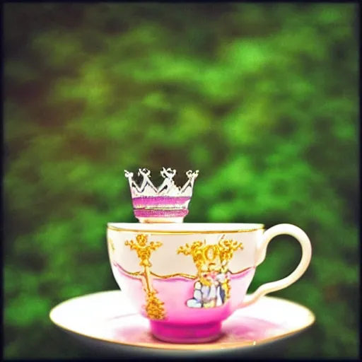 Image similar to “A castle inside of a teacup. A Queen is taking a sip from the teacup.”