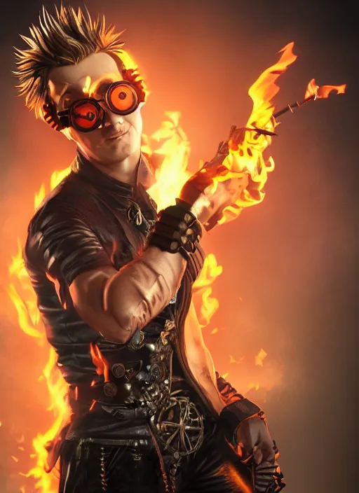 Image similar to An epic fantasy comic book style portrait painting of young man with red spiked long hair, using an steampunk orange googles. Wearing a black waistcoat, white shirt. Fire on his hands. Unreal 5, DAZ, hyperrealistic, octane render, cosplay, RPG portrait, dynamic lighting