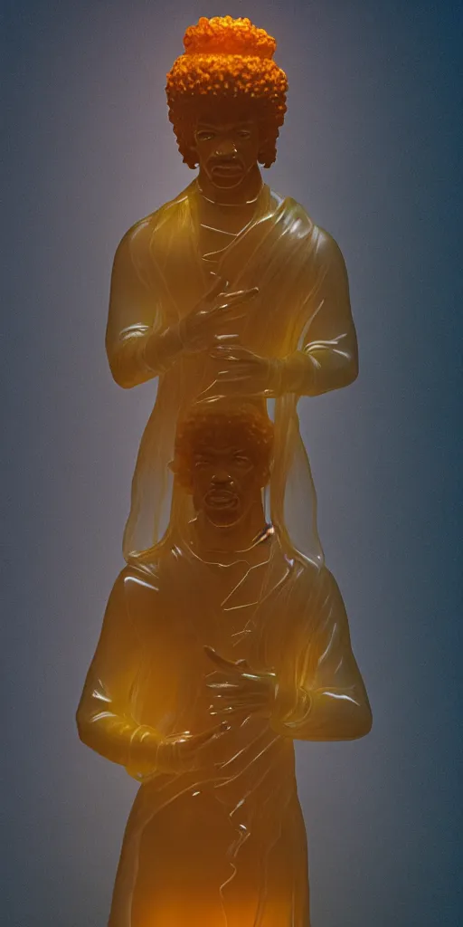 Prompt: detailed photo of a jade translucent statue of most a jimi hendrix, full body portrait, glowing in the dark, photorealism, intricate detail, museum diffuse lighting