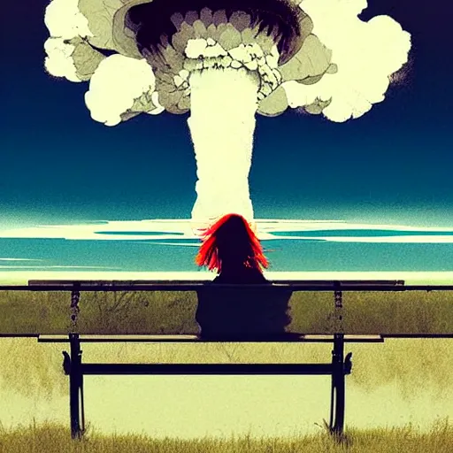 Prompt: girl sitting on a park bench, nuclear explosion in the background, nuclear mushroom cloud, by conrad roset, by greg rutkowski, digital art