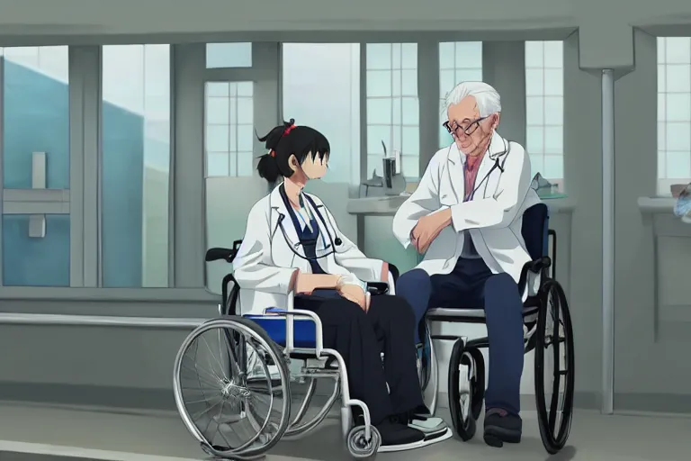 Image similar to a cute young female doctor wearing white coat, an old man of 80 years wearing blue T-shirt in a wheelchair, hospital ward, slice of life anime, cinematic, realistic, anime scenery by Naoshi Arakawa:8 and Makoto shinkai