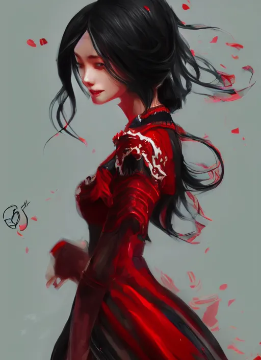 Image similar to a highly detailed illustration of hime cut black haired woman wearing red dress, dramatic smiling pose, intricate, elegant, highly detailed, centered, digital painting, artstation, concept art, smooth, sharp focus, league of legends concept art, wlop