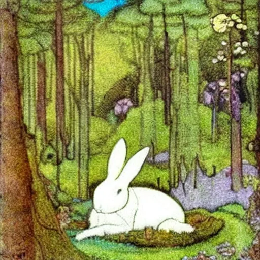 Prompt: a white rabbit in a forest, a pond in the foreground, in the style of John Bauer