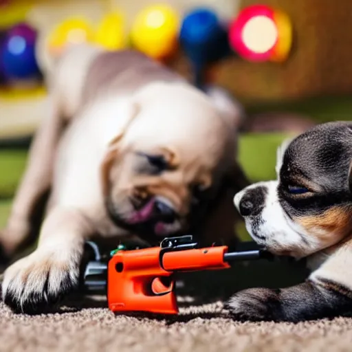 Prompt: a cute little puppy pointing a toy gun at the camera