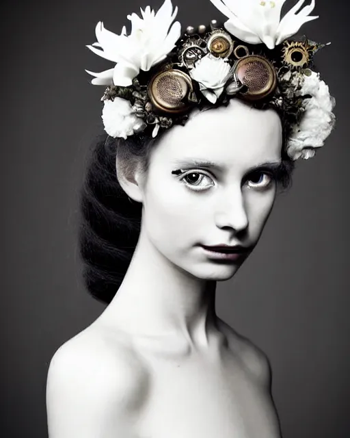 Image similar to a black and white high quality dreamy photo of a young beautiful female queen-pale dragon-vegetal-cyborg bust with a very long neck and a steampunk flower crown, elegant, highly detailed, poetic, soft, dreamy, mysterious, high fashion, in the style of Horst P. Horst, Realistic, Refined, Digital Art, Highly Detailed, Cinematic Lighting, rim light, black and white, photo-realistic, 8K