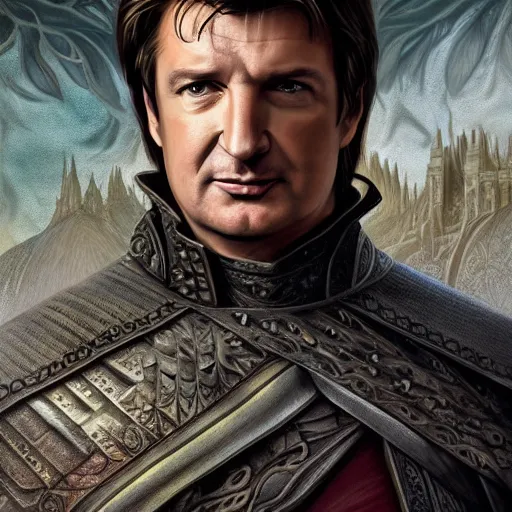 Prompt: Nathan Fillion the high king of gondor, intricate, elegant, highly detailed, digital painting, 4k, HDR, concept art, smooth, sharp focus, illustration, art by artgerm and H R Giger and alphonse mucha