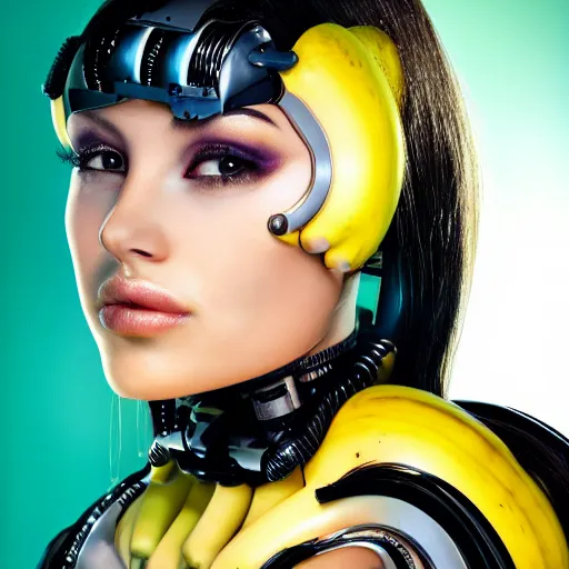 Prompt: portrait photo of a beautiful female cyborg she is a banana!!!!