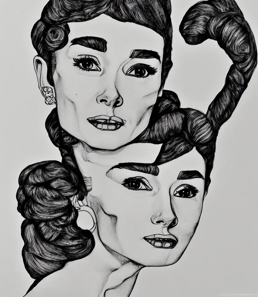 Image similar to detailed line art portrait of audrey hepburn, inspired by egon schiele. contour lines, musicality, twirls, curls, curves, confident personality