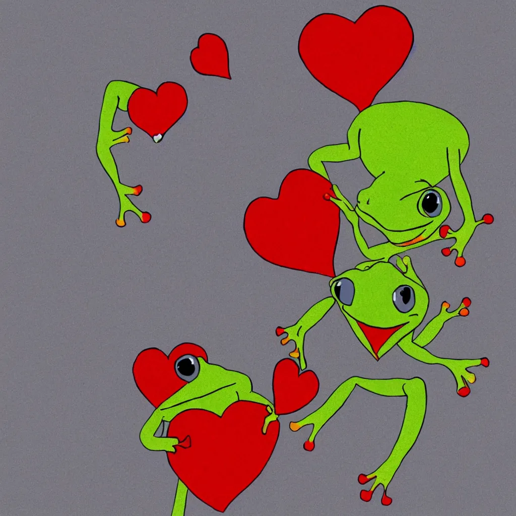 Prompt: a frog holding a big red heart, children’s cartoon, stylized