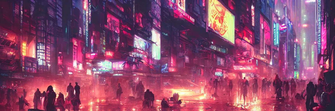 Image similar to overly crowded street of a cyberpunk city, rain, harsh neon lights, highly detailed, digital painting, trending on artstation, concept art, sharp focus, illustration, art by artgerm and greg rutkowski and magali villeneuve