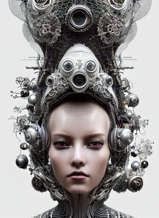 Image similar to portrait of an absurdly beautiful, graceful, sophisticated, fashionable cyberpunk mechanoid, hyperdetailed illustration by irakli nadar and vania zouravliov, matt wisniewski style, intricate linework, white porcelain skin, faberge, tropical fish headdress, unreal engine 5 highly rendered, global illumination, radiant light, detailed and intricate environment