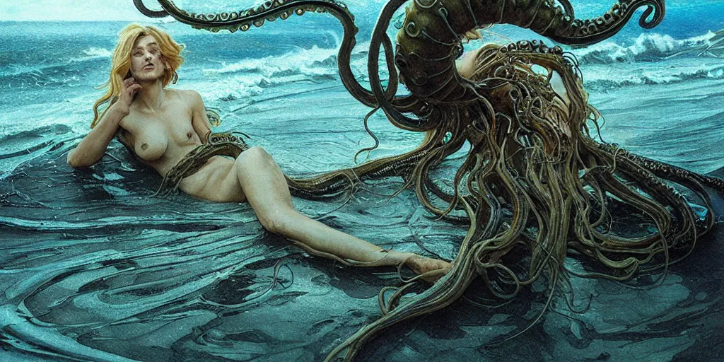 Image similar to a tentacled creature emerging from the ocean near an abandoned fishing village, large landscape ad night, high - key lighting, beautiful composition, intricate, gradient from green to black, pro photography by, highly detailed, matte pailting, art by artgerm and greg rutkowski and alphonse mucha, smooth, sharp focus illustration