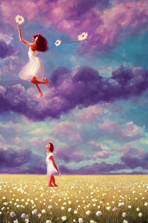 Prompt: giant white daisy flower as face, girl dancing in a flower field, surreal photography, sunrise, dramatic light, impressionist painting, colorful clouds, digital painting, artstation, simon stalenhag