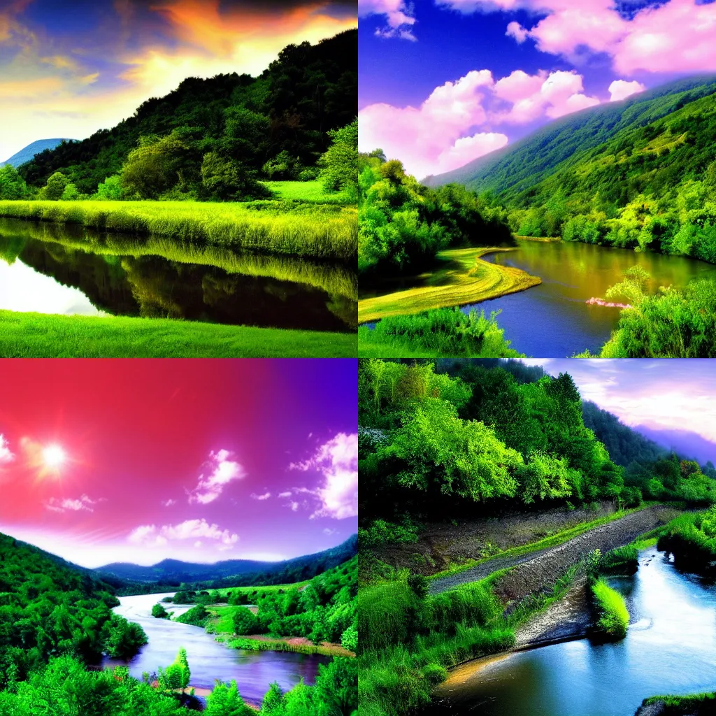 Prompt: Windows bliss wallpaper with a river between the hills,