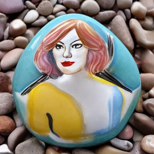 Prompt: beautiful colorful pebble stone ceramic portraying emma stone, many small stones, extreme detail