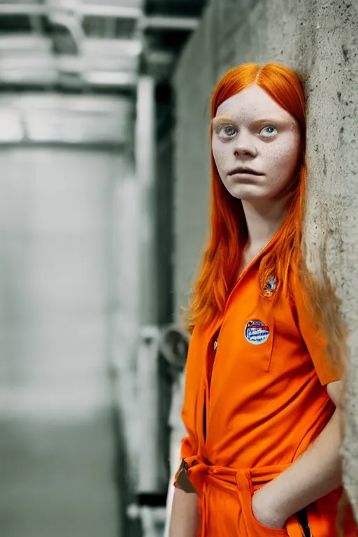 Image similar to portrait photo of a danish teenage girl in an orange jumpsuit. Natural, orange hair, freckles. In an industrial environment. Shallow depth of field. Dramatic lighting. Highly detailed. Closeup.