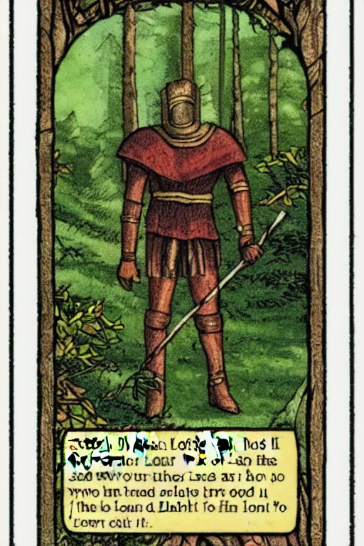 Prompt: tarot card of a shining knight that is lost in the woods and is followed by a shade