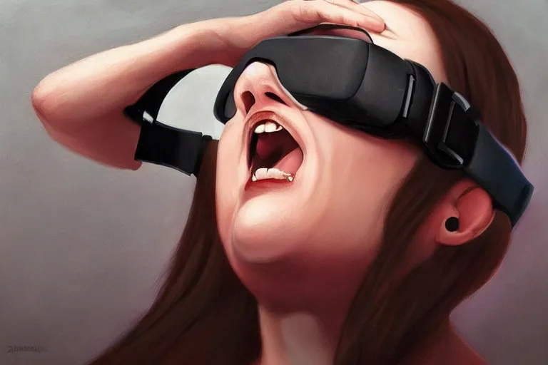 Prompt: a woman with a vr headset has a pill on her tongue and is hallucinating by gerald brom, trending on artstation