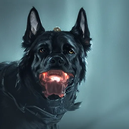 Image similar to cinematic portrait of brutal epic dark dog with crown, concept art, artstation, glowing lights, highly detailed