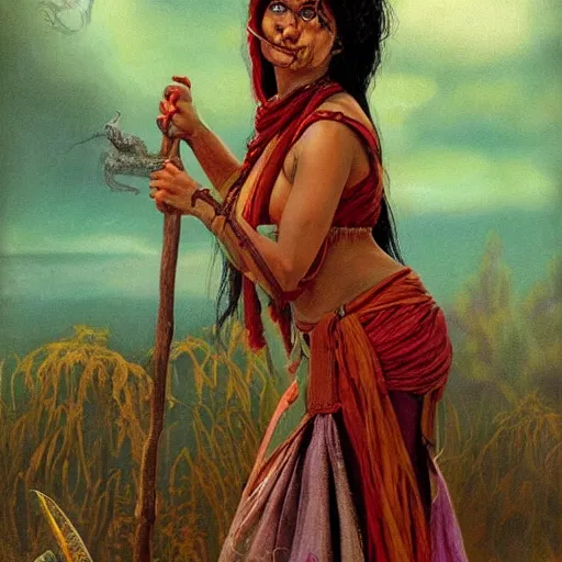 Prompt: a beautiful young indian cottagecore witch, highly detailed, masterpiece, illustrated, art by brom