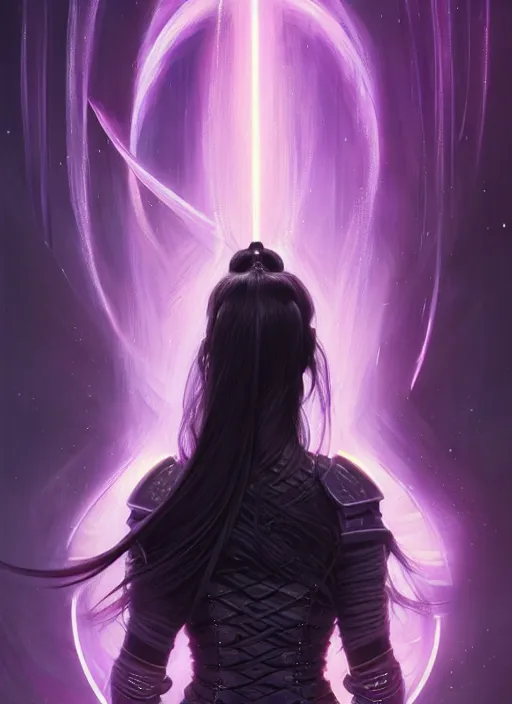 Image similar to portrait of a woman with long black hair in a ponytail, in sci - fi armor, platemail, close fitting, holding a katana made of purple energy, intricate, elegant, glowing lights, highly detailed, digital painting, artstation, concept art, smooth, sharp focus, illustration, art by wlop, mars ravelo and greg rutkowski