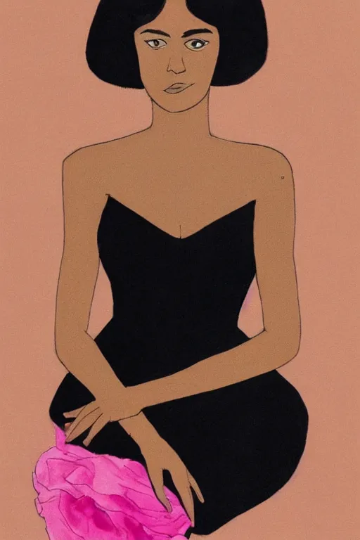 Prompt: a portrait of a beautiful woman that has a black hair, tan skin and is wearing a beautiful black and pink dress