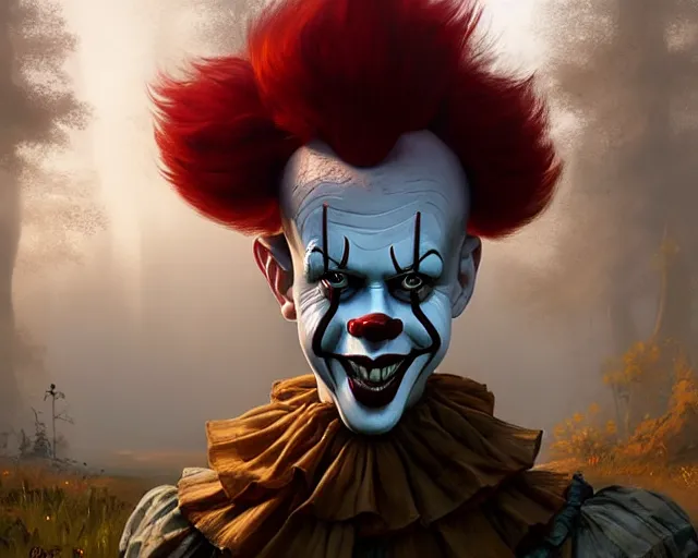 Image similar to highly detailed portrait of pennywise the dancing clown, in gta v, stephen bliss, unreal engine, fantasy art by greg rutkowski, loish, rhads, ferdinand knab, makoto shinkai and lois van baarle, ilya kuvshinov, rossdraws, tom bagshaw, global illumination, radiant light, detailed and intricate environment