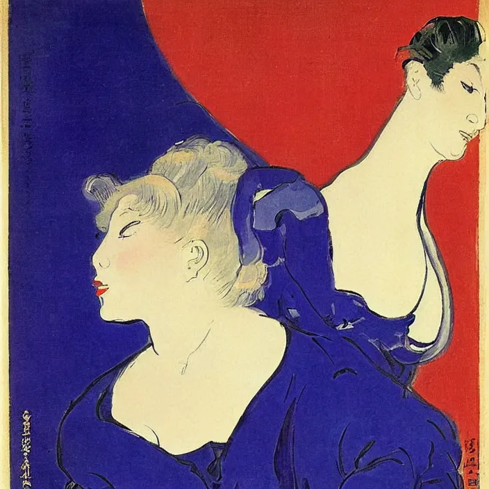 Prompt: blonde woman with scorpion. violet, cobalt blue, cherry red. henri de toulouse - lautrec, utamaro, matisse
