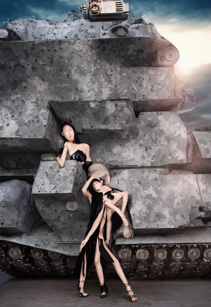 Image similar to gorgeous chinese model, elegant shiny reflective party dress, at the front of a military tank at dusk, high fashion photography for vogue italia