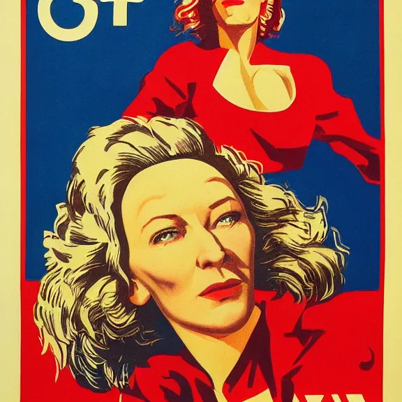 Image similar to soviet propaganda poster with cate blanchett calling on the world community to fight against Nazism, Ultra Detailed, high resolution, soviet realism
