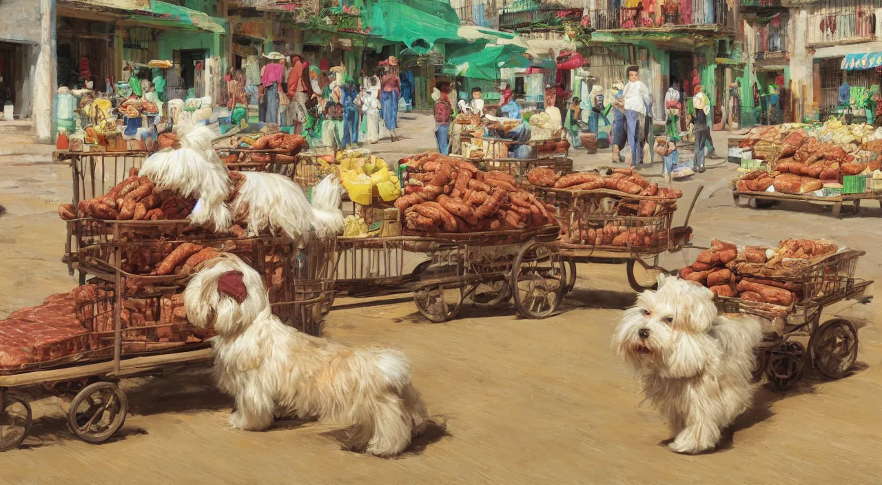 Image similar to a scene of a havanese dog next to a large cart piled high with sausages and ham, a large cream - colored havanese dog looks at the cart, outside a hacienda in cuba, 1 9 0 0, tartakovsky, atey ghailan, goro fujita, studio ghibli, rim light, mid morning lighting, clear focus, very coherent