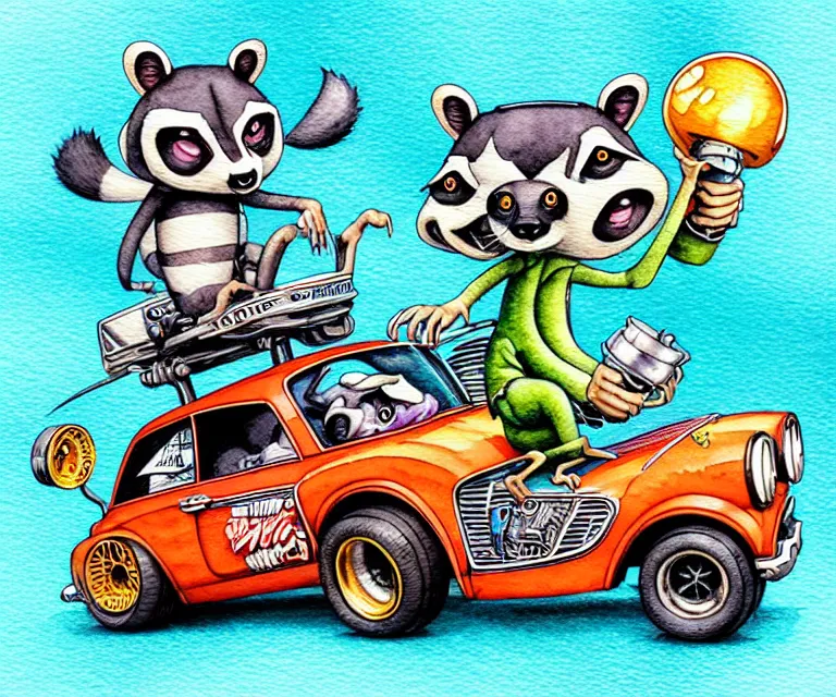 Image similar to cute and funny, racoon driving a tiny hot rod with an oversized engine, ratfink style by ed roth, centered award winning watercolor pen illustration, isometric illustration by chihiro iwasaki, edited by craola, tiny details by artgerm and watercolor girl, symmetrically isometrically centered