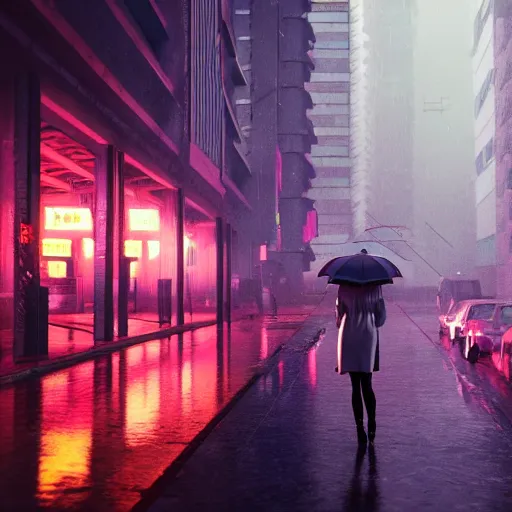 Image similar to ciberpunk city of the future, blade runner style, octane render, digital art, rain, beautiful girl with umbrella wearing a clear raincoat , pink hair, cinematic, 8k, very intricate, 80's, night time,