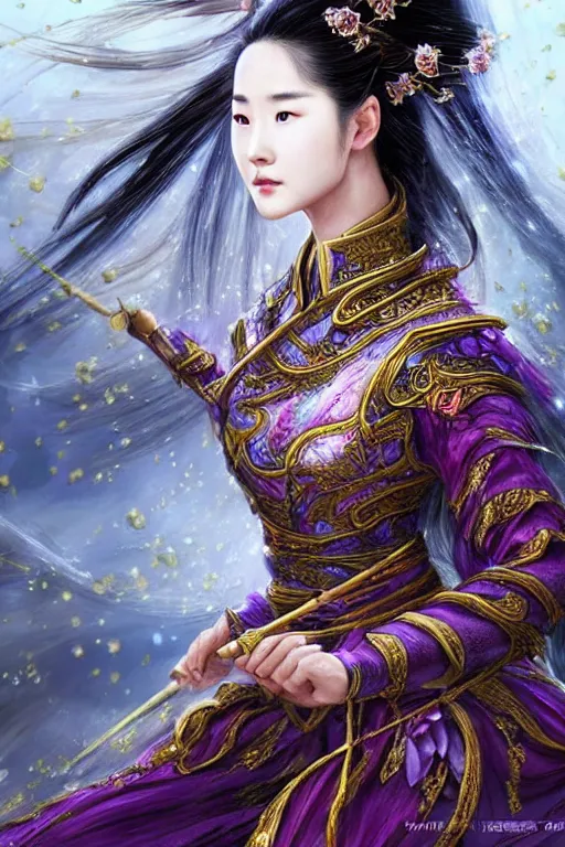 Image similar to beautiful ancient fantasy portrait of wuxia armored heroine Liu Yifei, Zhao Lu Si wearing like Xian Xia wardrobe, in forbidden City, hybrid from Dynasty Warriror, flowers sea rainning everywhere, intricate, very very beautiful, elegant, highly detailed, digital painting, beautiful glowing galaxy eyes, artstation, fantasy concept art, smooth, sharp focus, illustration, art by WLOP and alphonse mucha and tian zi