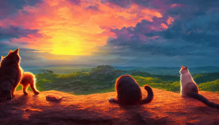 Prompt: cat sitting on the hill looking at gigantic sunset, hyperdetailed, artstation, cgsociety, 8 k